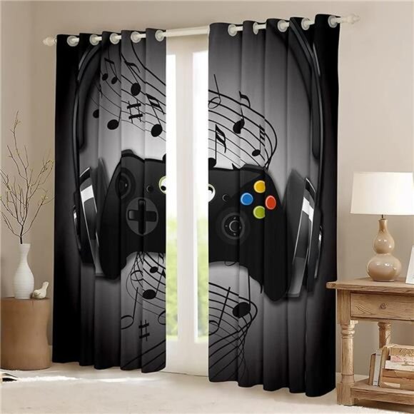 Games Curtains Black Grey Headphones Musical Notes Design Gamepad Window Curtain - Picture 2 of 7